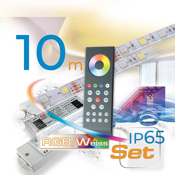 LED Streifen Komplettset in Lichtfarbe RGBW 10m mit Dimmer und LED Trafo