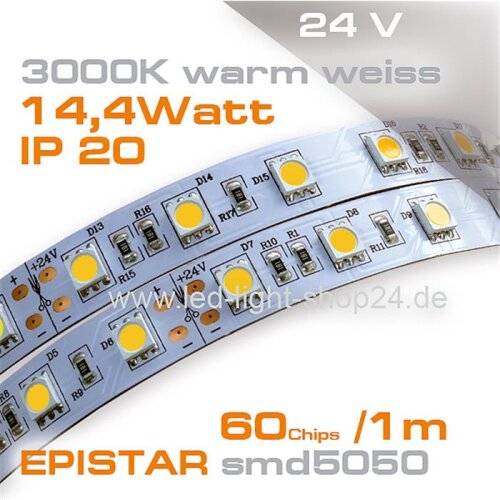 24V EPISTAR smd5050 5m Rolle Led Stip warmweiss 3000K IP20 