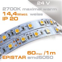 24V EPISTAR smd5050 5m Rolle Led Streifen warmweiss 2700K...