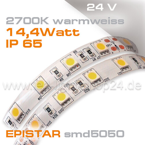 24V EPISTAR smd5050 5m Rolle Led Streifen warmweiss 2700K IP65