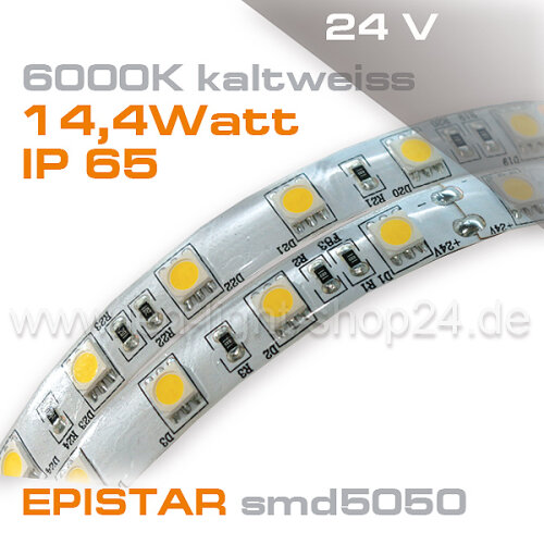 24V EPISTAR smd5050 5m Rolle Led Streifen kaltweiss 6500K IP65