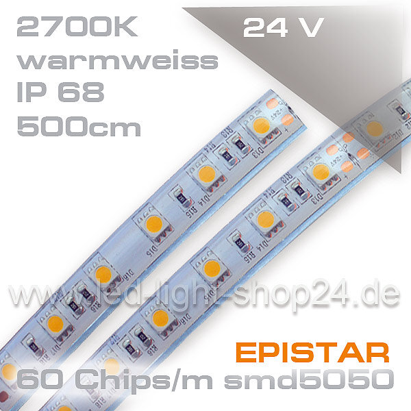 5m 24V LED Stripe Kaltweiss 6500K nicht Wasserfest IP20 SMD5050 Streifen 10.8W/m 
