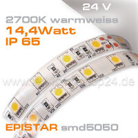 24V EPISTAR smd5050 5m Rolle Led Stip warmweiss 2700K IP65