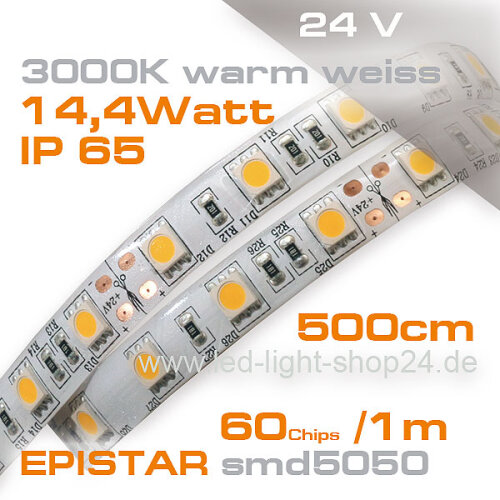 24V EPISTAR smd5050 5m Rolle Led Stip warmweiss 3000K IP65