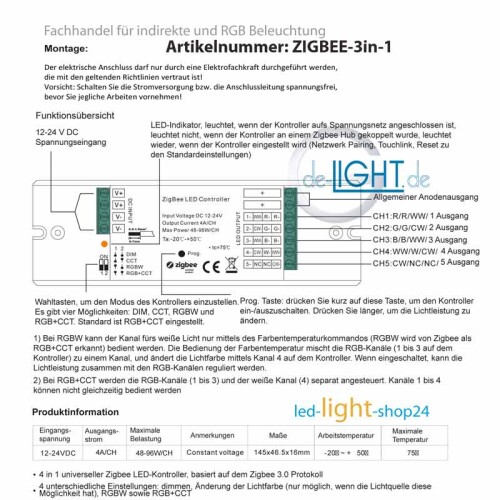 3 in1 ZIGbee 1-5 Kanal LED Steuerung /Dimmer max. 5x4A (Zur Steuerung von LED Streifen Phillips HUE/ IKEA u.a. weiss/ CCT/ RGB / RGBW und RGB/CW)