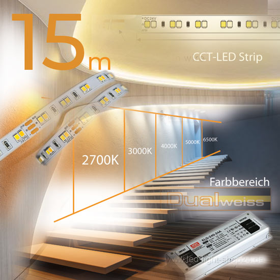 LED Komplett Set in 15m Laenge CCT warweiss-kaltweiss mit Trafo