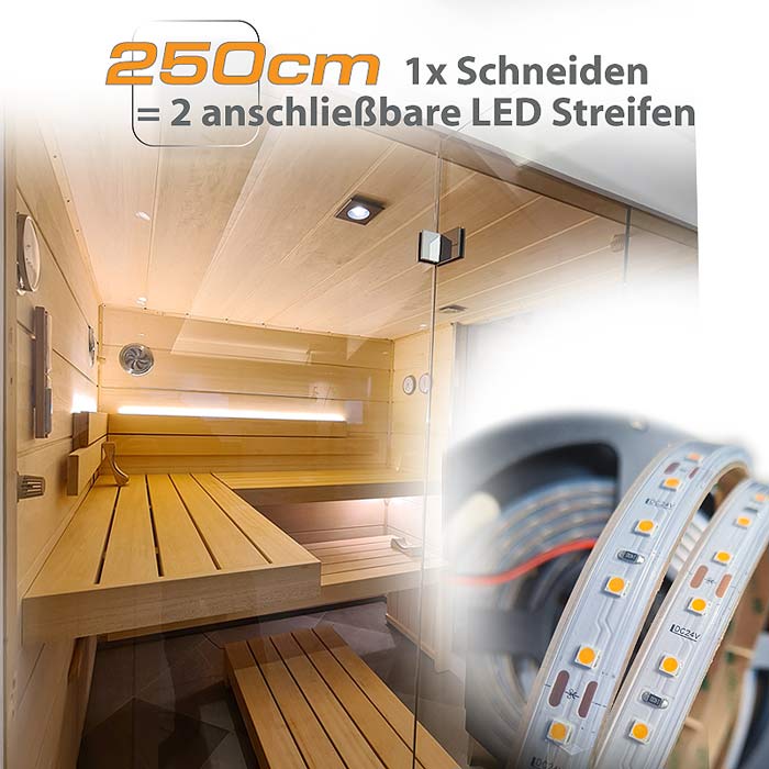 LED Leuchte in einer modernen Sauna als LED Strip für Rückenlehne zur Beleuchtung einer Sauna