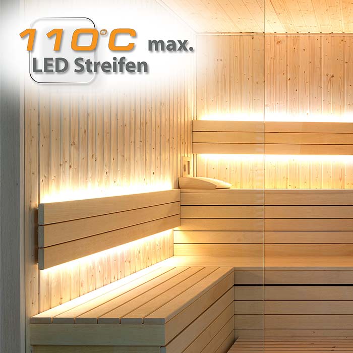 Sauna LED Streifen warmweiss in der Ansicht bis 110° Celsius geeignet