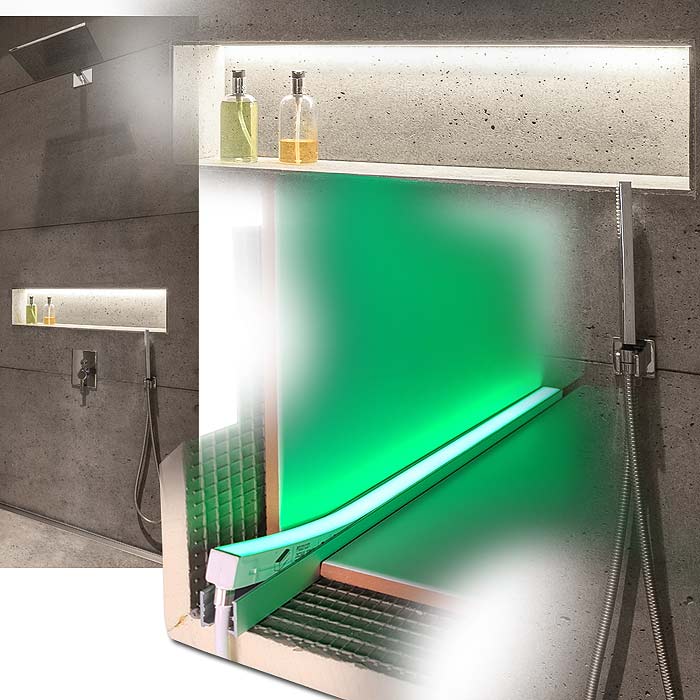 perfekt beleuchtete Nische mit einem LED Leuchtmittel von LED-Light-Shop24 für die Dusche im BAD