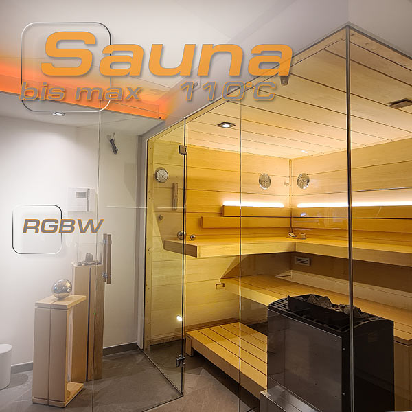 Wellnessbeleuchtung: Lichteffekt in der Sauna mit Farblichtstreifen in der Rückenlehne der Saunabank