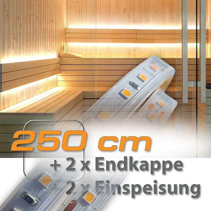 warmweisse Beleuchtung einer Sauna Rückenlehne mit LED Streifen von LED-LIGHT-SHOP24