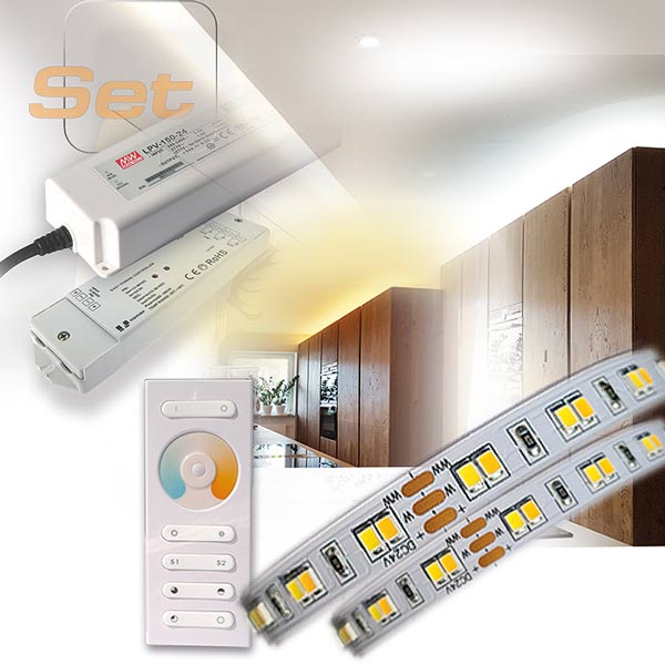 Ansicht einer CCT farbeig beleuchteten Lichtdecke mit dem KOmplett Set Dualweiss in der Küche