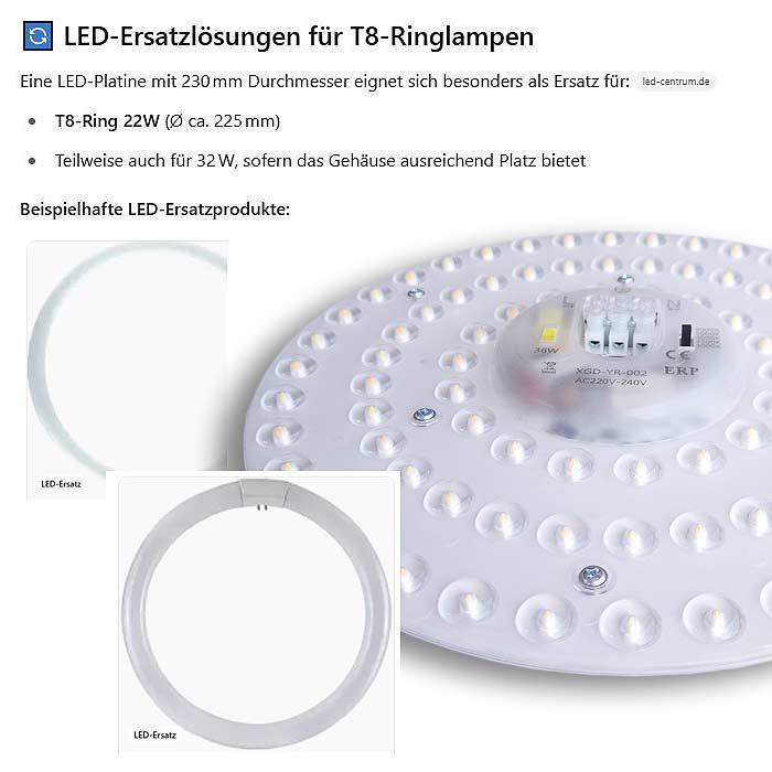 Ersatzlösung zu T8 runde Leuchtstoffröhre durch Platinentausch in LED Modul Kreis
