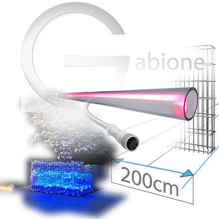 Ansicht einer von unten beleuchteten Gabione in 200cm Länge