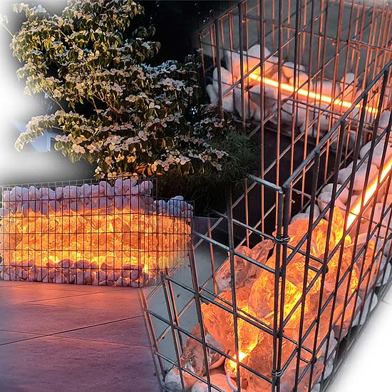 125cm Gabionenkorb beleuchtet mit orangenen LED Leuchtmitteln