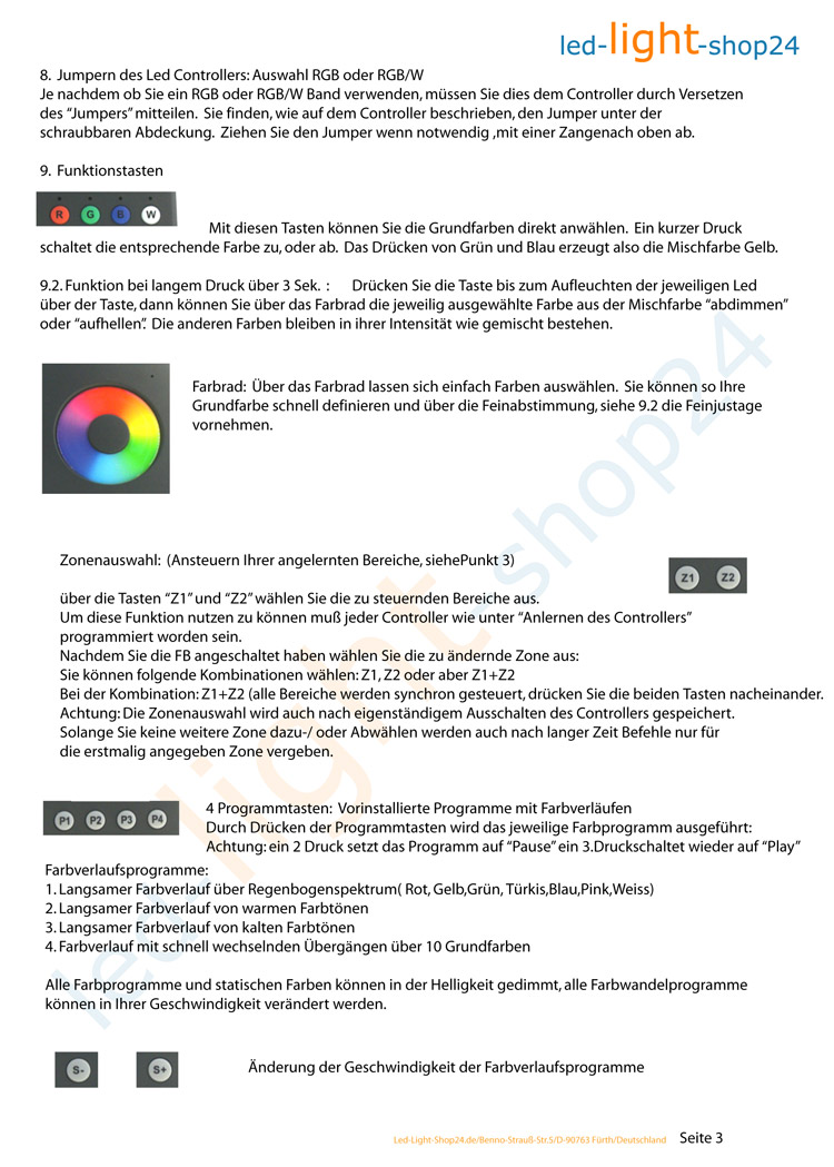 Funktionsumfang des Led Controllers SR-1003RCW Anleitung Seite 3