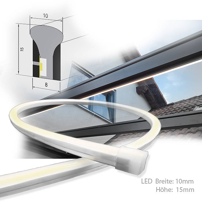 Beleuchtung für das Vordach im Eingangsbereich eines Hauses: LED Leuchtmnittel in Länge bis 7m als filigrane Lichtleiste für Terrassendach und Wintergarten